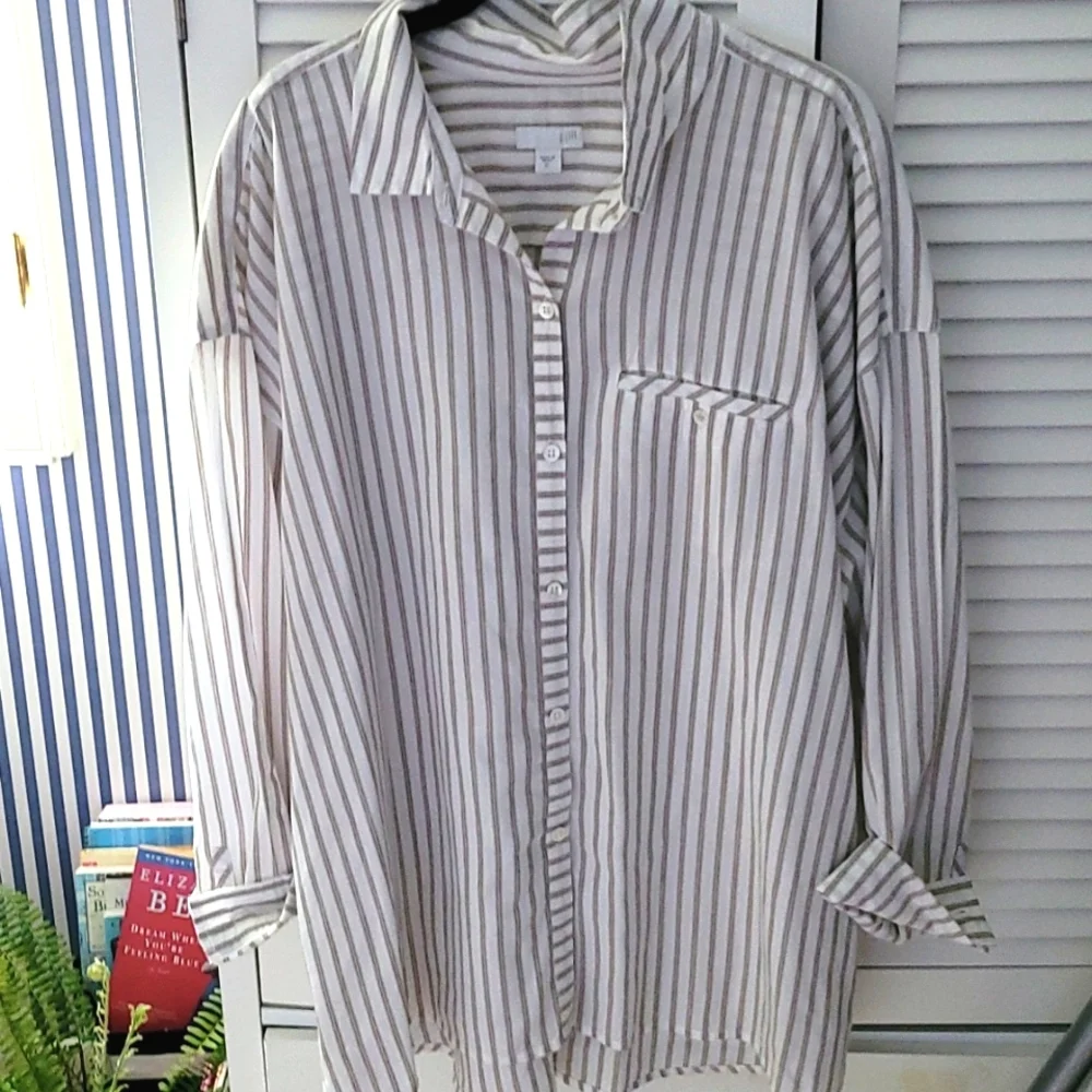 J.Jill XL White & Tan Stripe Casual Button Down Tunic - Picture 8 of 9